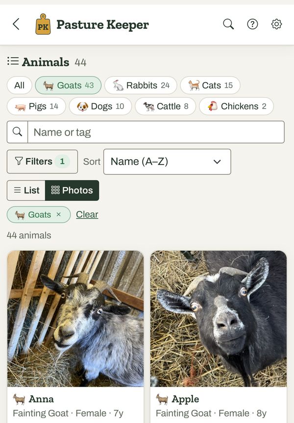 The animal list in photo view, showing goats named Anna and Apple.